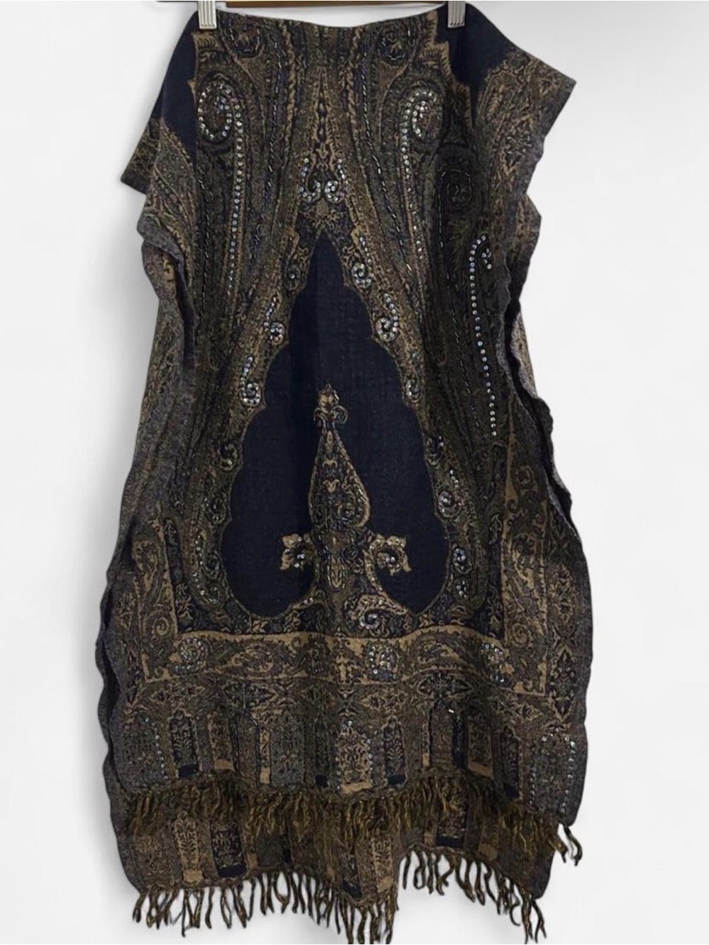 Wool Woven Vintage Paisley Black and Gold Fringe Scarf Shawl